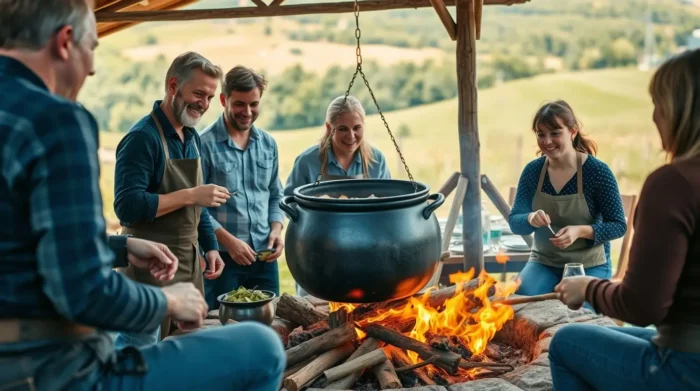 Munkatársak közösen készítenek ételt egy csapatépítő bográcsozás során természetközeli környezetben.
