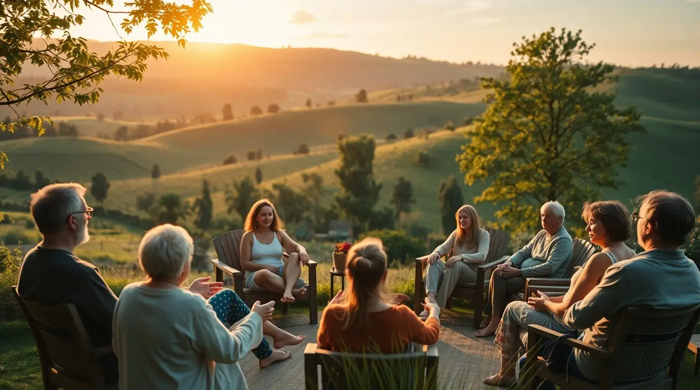 Résztvevők egy természetközeli retreat programon, nyugodt környezetben beszélgetnek a szabadban.